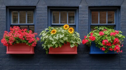 Fototapeta premium Colorful flower boxes on dark brick building