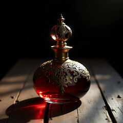 Antique Luxury Perfume Bottle with Ornate Gold Detailing and Dark Red Glass