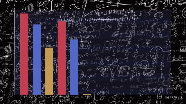 Bar chart being animated on flat design, featuring seven red blue gold bars amid science doodles