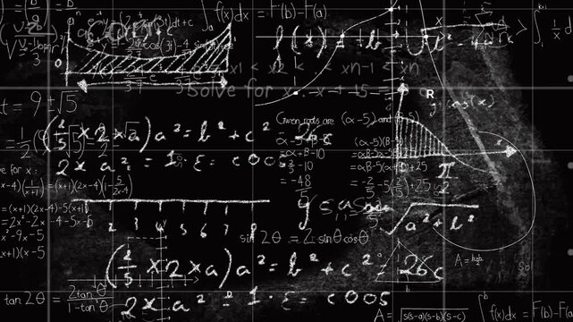 dark chalkboard showing white chalk formulas creating graphs shapes curves in animated illustration