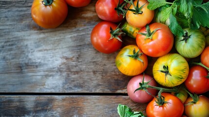 Fresh Ripe Colorful Tomatoes Wooden Background Rustic Farm Organic Food Healthy Diet Vegetarian Produce Garden Harvest Summer Agriculture Delicious   
