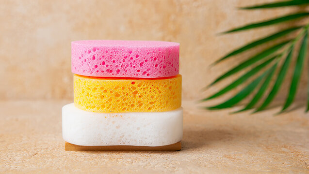 Stack of colorful bath sponges stacked on a brown background with palm leaf. - Powered by Adobe