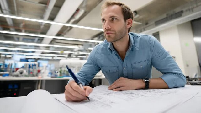In this image, an engineer is seen deeply engaged in analyzing blueprints in a contemporary office setting, showcasing the importance of planning and design in engineering projects.