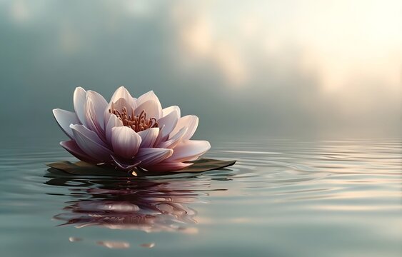 A serene lotus flower floating on calm water, representing tranquility and enlightenment in