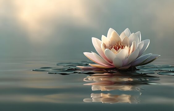A serene lotus flower floating on calm water, representing tranquility and enlightenment in