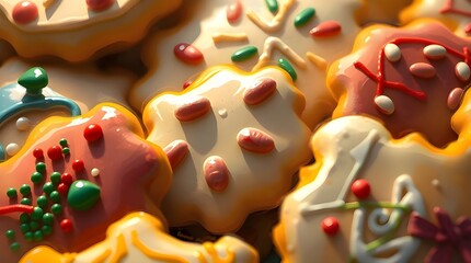 Dynamic digital sketch Closeup of colorful icing-decorated Christmas cookies, rendered with loose painterly strokes. Warm golden glow, rich textures, complementary colors, atmospheric mist, evoking 