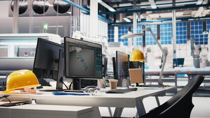 PC display running live metrics in renewable energy high tech facility, tracking solar panel assembly progress. Monitoring photovoltaics factory engineering workspace to ensure seamless production.