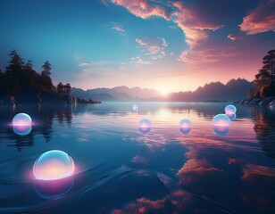 Obraz premium Schwebende Lichtkugeln über Wasser