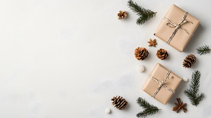 Rustic Christmas Gift Flat Lay with Kraft Paper and Pine Cones