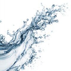 Water splash with droplets isolated on white background creating dynamic movement.