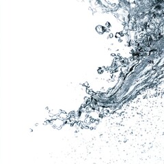 Water splash with droplets against a white background creating a dynamic effect.