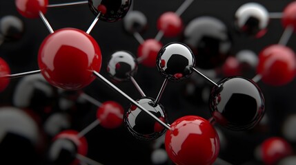 Red and Silver Spheres in 3D Rendering on Black Background