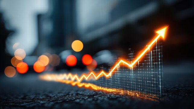 Golden arrow points upward over a blurred city street representing growth. - Powered by Adobe