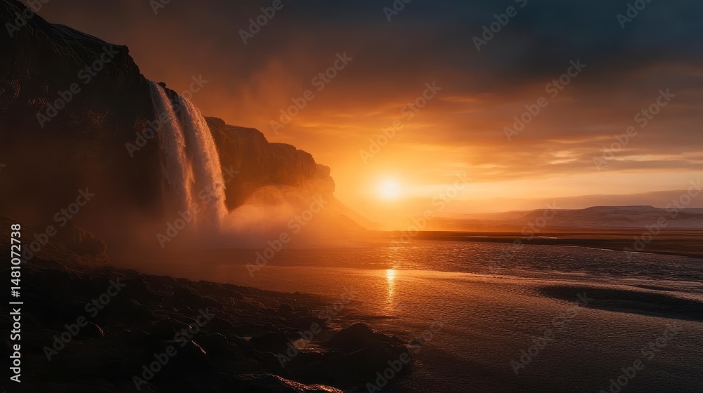 Poster majestic waterfall cascading down cliffs at sunset, creating a breathtaking scene.