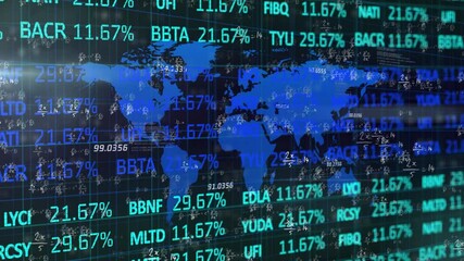 Blue world map silhouette glowing over dark grid, with neon stock tickers and equations streaming - Powered by Adobe