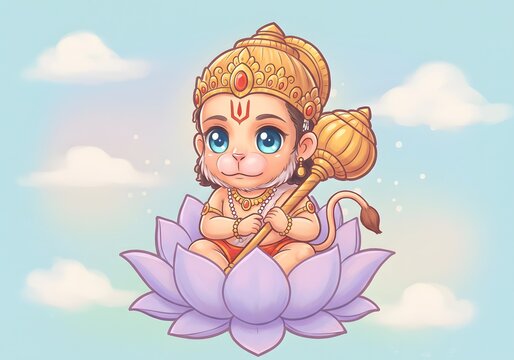Cartoon illustration of hindu deity hanuman on lotus flower