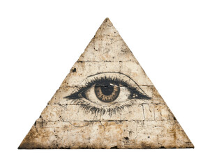Ancient pyramid eye symbol on textured stone surface, cut out - stock png.