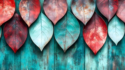 Obraz premium Vibrant Wooden Wall Panels with Artistic Leaf Shapes in Red and Blue