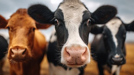 Several cows stand together in a field with a blurred background.