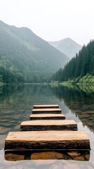 Serene Still Lake with Wooden Steps and Misty Mountains