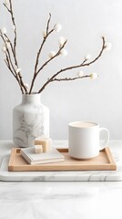 Serene Still Life with White Mug and Spring Branches on Wooden Tray