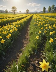 Fototapeta premium Sunlit daffodil field, vibrant yellow blooms, lush green grass, field, bright, vegetation