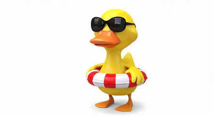 Fototapeta premium Duck wearing float ring and sunglasses, 3D cartoon, white background