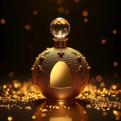 Elegant Floral Gold Perfume Bottle with Warm Glow and Luxury Design