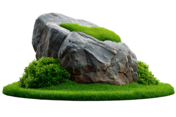Grey Boulder with Moss and Grass: A large grey boulder, partially covered in vibrant green moss, rests on a bed of lush grass. The scene evokes a sense of natural serenity and timeless beauty.