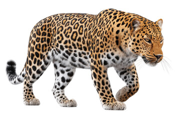 Naklejka premium Leopard on Prowl: A majestic leopard, with its distinctive spotted coat, gracefully strides forward, exuding power and elegance, captivating viewers with its raw beauty and predatory intensity.