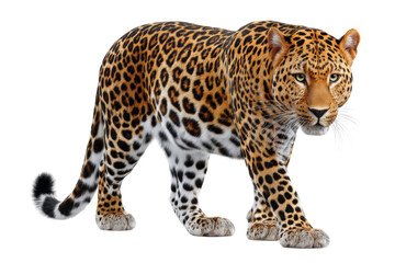Fototapeta premium Majestic Leopard: A powerful and majestic leopard, showcasing its striking spotted coat and intense gaze, stands poised against a white background.