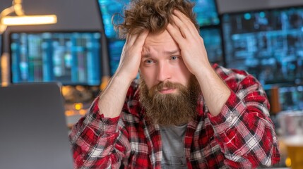 Man with beard looks stressed with hands on head indoors near laptop.