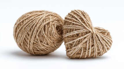 Ball of twine and heart shape on white background.