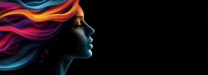A woman's face with colorful waves flowing from her hair, creating an abstract and artistic