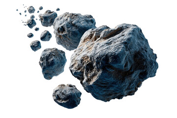 Obraz premium Asteroid Field: A cluster of grey asteroids hurtles through space, each with its own unique shape and texture. They are isolated against a white background, emphasizing their raw, jagged beauty. 