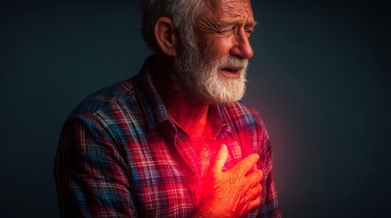 Fototapeta premium Senior Man Experiencing Severe Chest Pain Red Light Medical Emergency Healthcare Dramatic Urgent Help Needed Doctor Visit Hospital Illness 