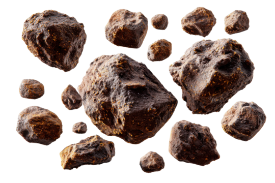 Meteorites: A collection of various meteorites of different sizes and shapes appear.