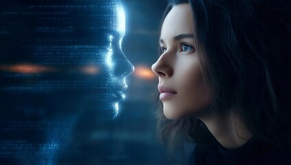 A young woman looking at her digital twin, with an AI avatar face appearing beside or within the