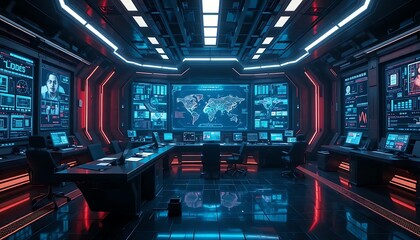 Obraz premium High-tech control center illuminated in blue and red neon lights, displaying complex global data