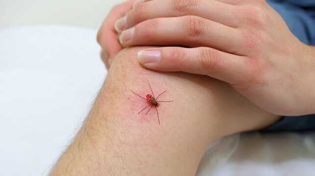 Close-up of a spider bite on a person's leg causing redness.