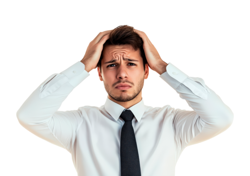 Man expressing stress while holding his head isolated on transparent background