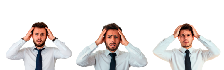Stressed businessman holding his head with hands isolated on transparent background