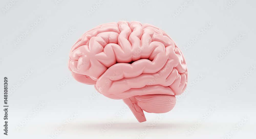Poster realistic pink human brain floating on white background representing intelligence and creativity