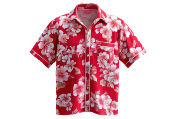 Hawaiian Shirt with Floral Print: A vibrant red short-sleeve shirt adorned with white floral patterns, a perfect blend of tropical flair and classic style for a summer vacation or a casual day out.  
