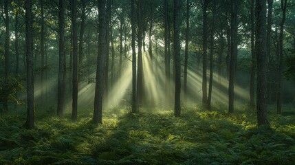 Obraz premium Sunlight streams through a misty forest. Lush ferns carpet the forest floor