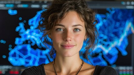 A professional in front of a digital screen with blue molecular structures ideal for science a