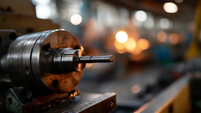 A beautifully captured close-up of a lathe machine in operation, showcasing precision engineering as the tool shapes a metal workpiece with mastery and detail.