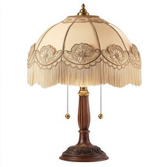 Vintage table lamp with fringe shade on white background