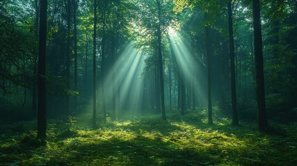 Obraz premium Sunlight streams through misty forest (3)