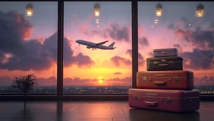 An airport with suitcases stacked in front of the window, an airplane flying outside, and a sunset